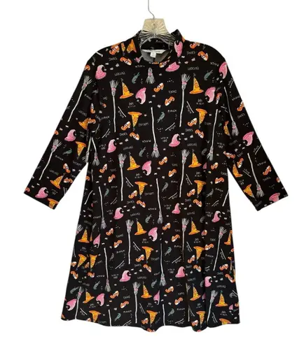 Womens Black Halloween Witch Raven Novelty Print Mock Neck Dress size Medium