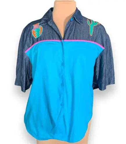 Vintage 90s Southwestern Appliqué Denim Button Up Shirt Gaucho Pants Set Medium Blue
