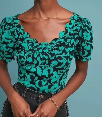 Maeve Anthropologie Aseey Blouse Floral Black And Green Jacquard Blouse Feminine