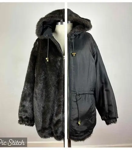 Charles Klein Hooded Reversible Faux Fur / Silk Coat Size 3X Black