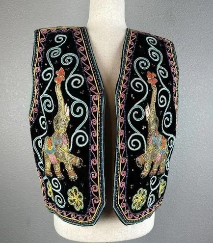 Oasis Vintage 70 Imports Elephant Embroidered Sequin Black Velvet Vest Free Size