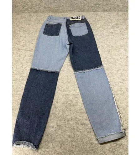 Ragged Jeans Patchwork Jeans Womens 26 Two Tone Contrast Frayed Hem High Rise De Blue