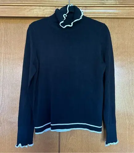 Pearl by Lela Rose Lettuce Trim Stripe Black Turtleneck Sweater Size Large