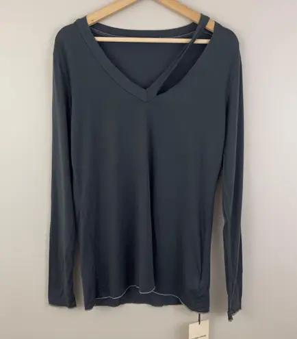 Groceries Apparel Dark Green Grey Soft Lightweight V Neck Long Sleeve Top