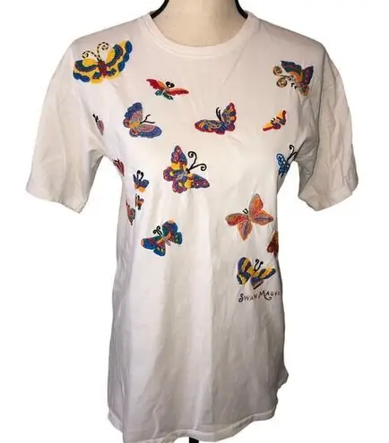 Swan Magic Embroidered Butterflies Shirt Tee 1994 Size S Vintage Cotton White