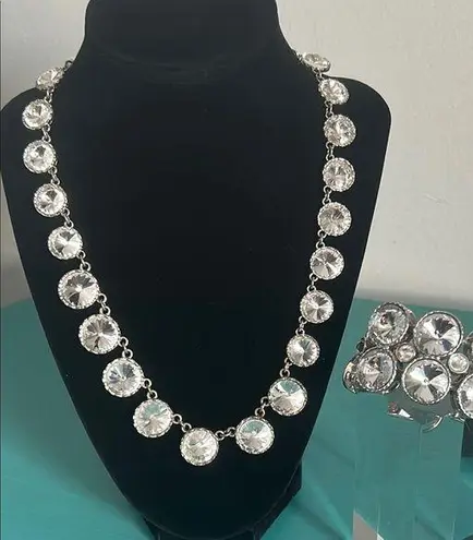 Statement Round Bezel Set Rhinestone Bridal Prom Formal Necklace Bracelet Set Silver
