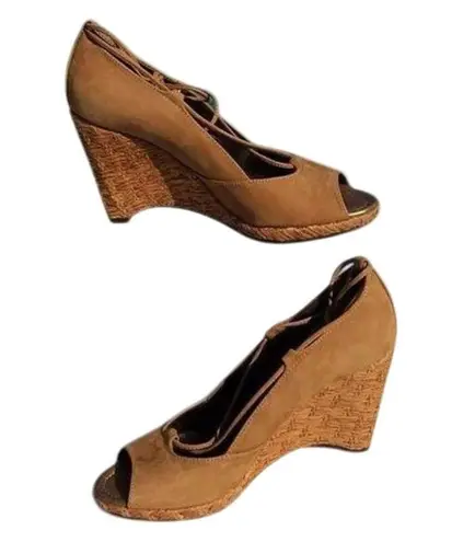 Donald Pliner Camel Suede Leather New Peep Toe Platform Wedges Shoes NWT $235 Brown Size 10