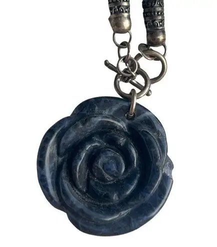Vintage Genuine Blue Lapis Rose Pendent 925 Toggle Leather Choker Necklace