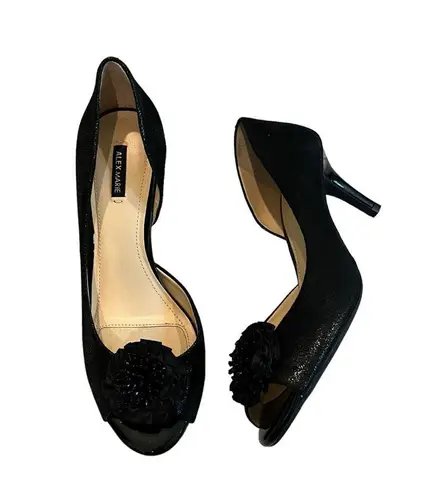 Alex Marie Black Leather D'Orsay Pumps Beaded Flower Rosette, Sz 8