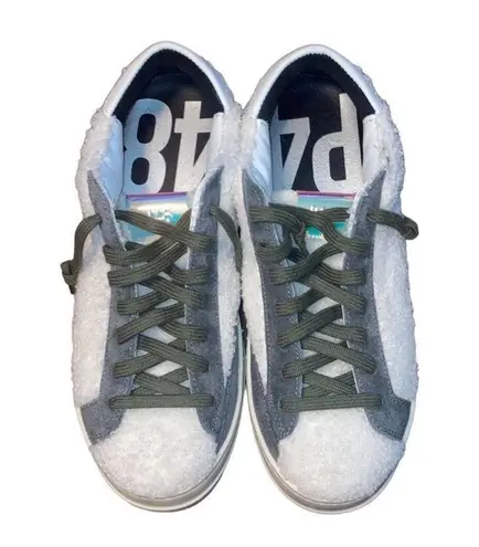 P448 Nordstrom John Wad Sherpa Fashion Sneakers White Green Gray Teddy sz 7.5-8