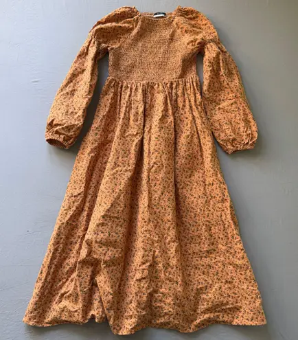 Floral Smocked Babydoll Maxi Dress Orange Size XS