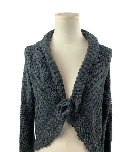 Knit Cardigan Sweater With Shawl Collar & Front Flower Detail XS Black