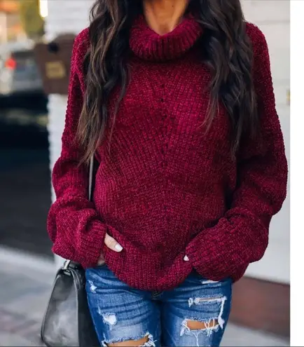 Chenille Burgandy cowl neck chunky Sweater Red