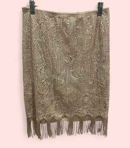 Vintage 80’s? coffee with cream lace tassel skirt stretchy boho gypsy festival Tan Size M
