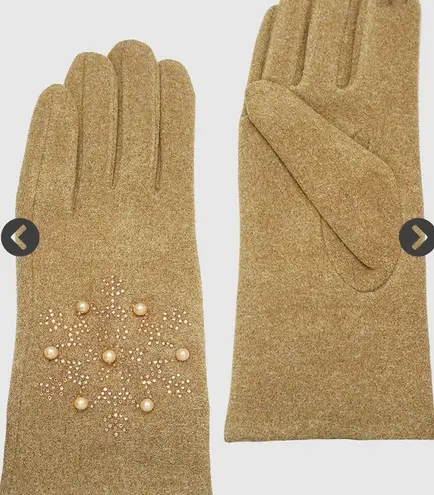 Elegant Khaki Gloves with Pearl Beads Tan