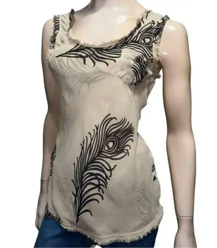 Brochu Walker Size P S Tan Black Feather Printed Silk Chiffon Fringe Tank Top