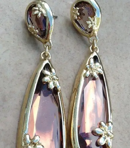 Gold Tone Brown Mirrored Flower Drop Earrings