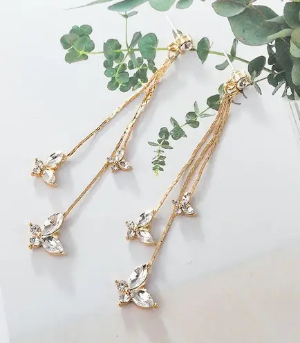 Gold Butterfly Crystal Long Tassel Dangle Drop Earrings for Women