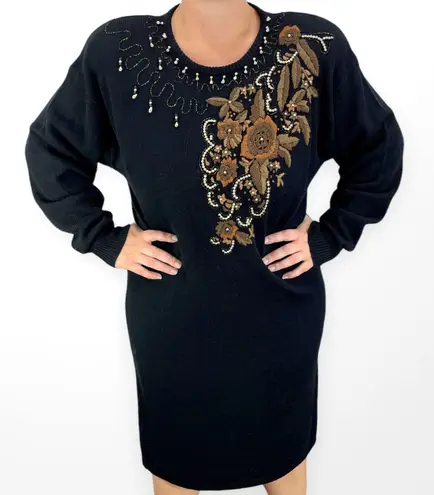 80s Vintage LARISA Black Embroidered and Beaded Knit Midi Sweater Dress Size L