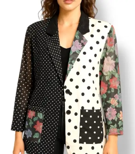 Vintage 90s Patchwork Polka Dot Floral Blazer Sheer Sleeve Lace Collar Oversized Black Size L
