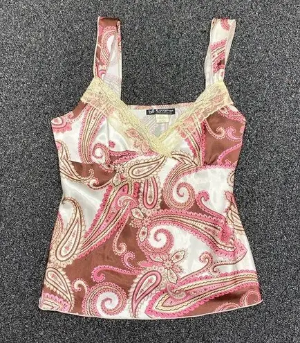 Y2k vintage cami top paisley print white brown pink boho beaded large Multiple