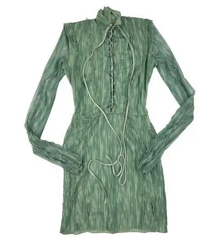 House Of CB  - Dylan Tie Up Front Long Sleeve Mesh Mini Dress in Green