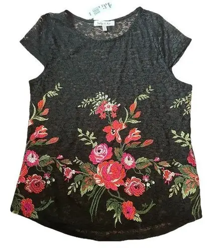 NWT Harlow & Rose Medium embroidered lace top sheer flowers Black