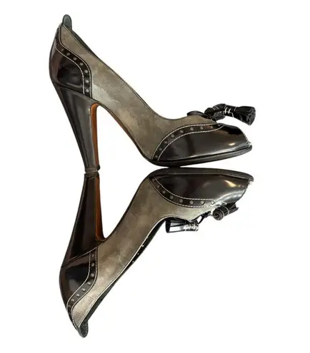 Moschino Italy Black & Gray Suede Leather Peep Toe Pumps Women’s Size 6.5