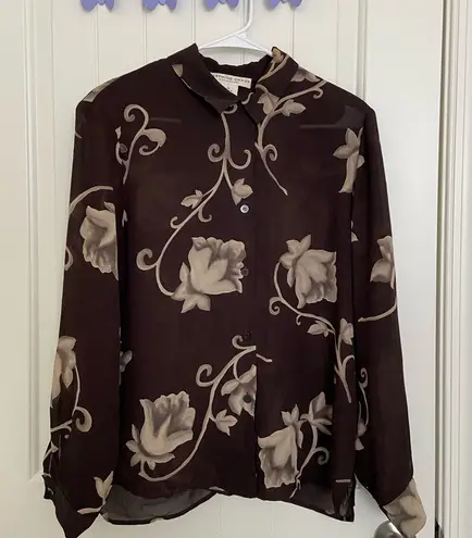 Josephine Chaus EUC Vintage women’s brown tan floral sheer button down shirt 10