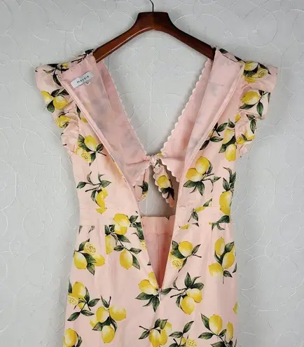 Moodie Womens Jumpsuit Medium Pink Lemon Print Cut Out Bow Tie Flutter Sleeve