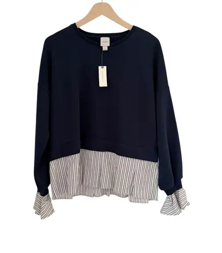 Maeve NWT Anthropologie Striped Trim Twofer Sweatshirt Navy Blue Size S