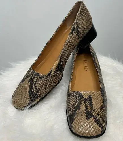 LAUREN RALPH LAUREN Snakeskin Leather Slip On Low Heel Pumps Tan Size 8.5