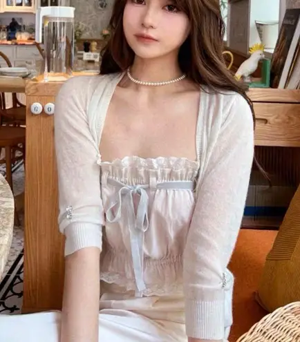 Japanese Kawaii Cream Blue Ruffle Cottage Balletcore Ribbon Bow Crop Shirt Top Size XS