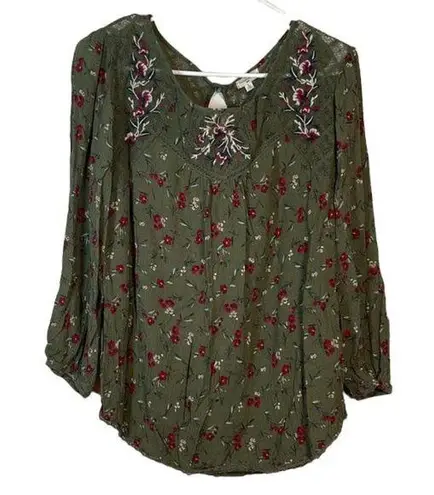 Mason & Belle  Blouse Olive Green 3/4 Sleeve Floral Lace Peasant Top Size Large