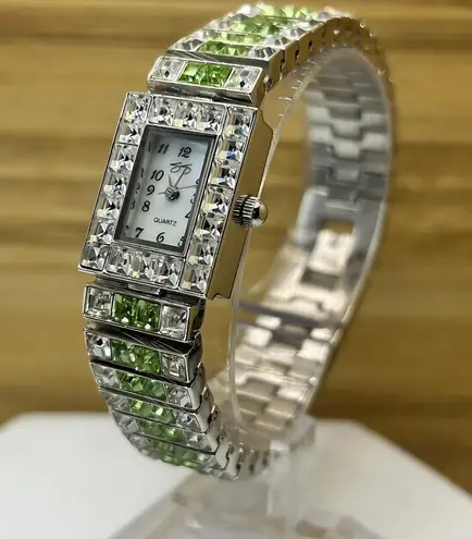 Suzanne Somers Deco Watch Green Square Channel Set Stones Women's Silver Tone