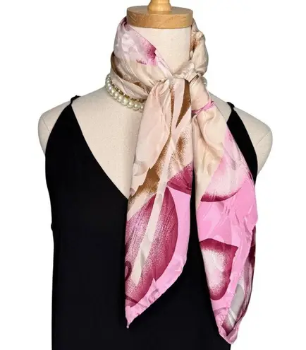 Y2K Italian 100% silk jacquard floral color block square scarf pink tan 34"