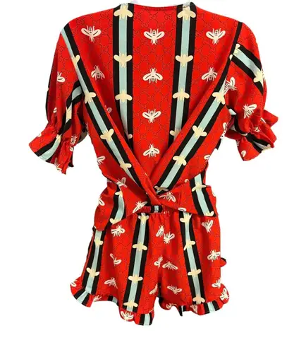 Womens Bee Print Pajama Set Short Sleeve Top & Ruffle Shorts Loungewear** Red