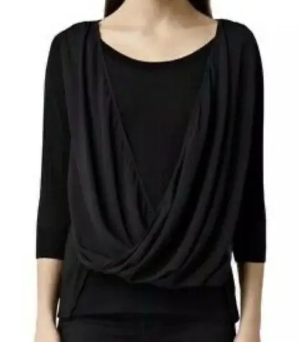ALL SAINTS Taybar Sheer Cowl Knit Top Black Mixed Media 3/4 Sleeve M