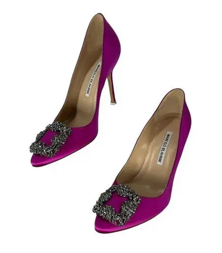 Manolo Blahnik Hangisi Fuchsia Satin Jewel Buckle Pumps