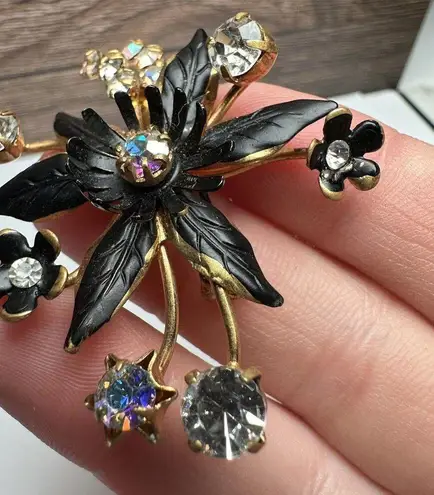 Austria AB Rhinestone Flower Black Enamel Gold Tone Brooch Pin Vintage