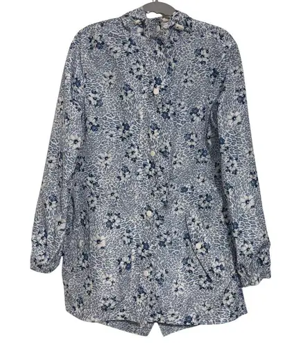 LINDA ANDERSON Rain Jacket Hooded Cinch Waist Leopard Floral Blue EUC Small