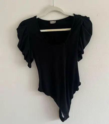 Free People  S Black Ava Puff Sleeve Bodysuit