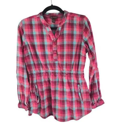 Bit & Bridle Womens Flannel Shirt 100% Cotton Cinch Waist Plaid Purple Pink M