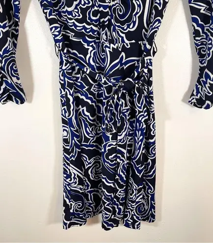 INC NWT  Black Navy White Puff Scroll Long Sleeve Waist Tie Business Casual Dress