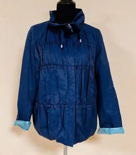 Tahari 🛍️ Navy Blue Mint 3/4 Sleeve Hoodless High Collar Ruffle Frill Jacket L