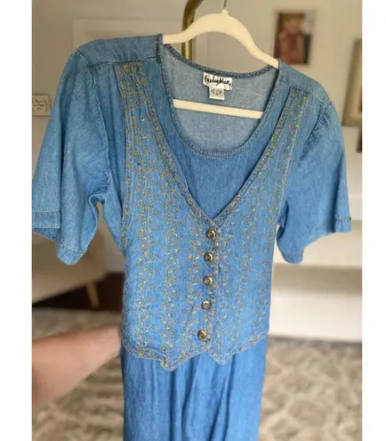 Vintage Friday Wear 100 Cotton Vest Embroidered Cottagecore Boho Prairie Western Blue Size 12