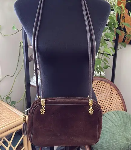 Vintage Yenko Italy Brown Suede Embroidered Top Zip Crossbody Bag Purse