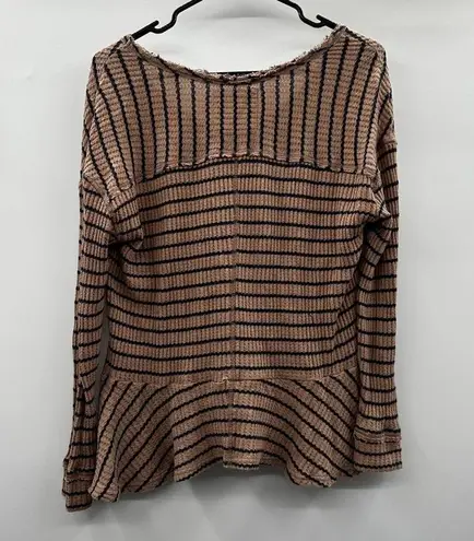 Free People We The  Oversized Tan & Black Striped Waffle Knit Peplum Top Size S