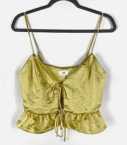 LPA Chartreuse Green Satin Front Tie Ruffle Hem Bardot