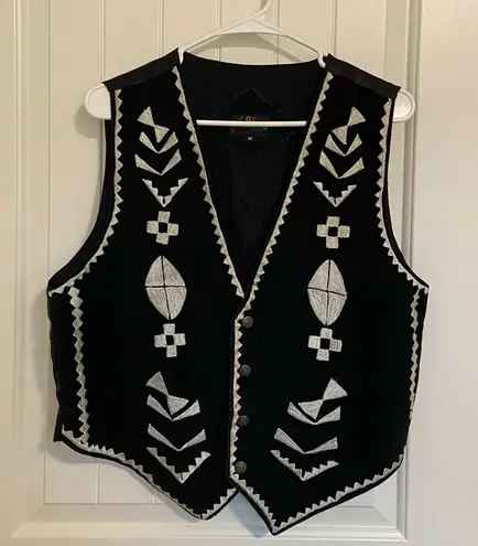 Vintage J. Gee Adult black tan cream genuine leather embroidered button vest M Black Size M